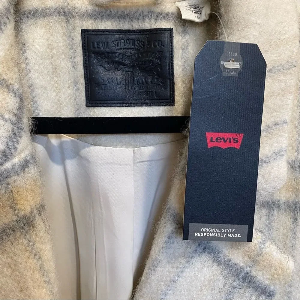 Levi’s Wool Cocoon Coat Plaid Cream Sz L NWT